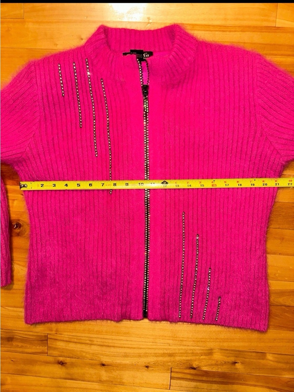Venesha Womens M 80% Angora Pink Rhinestone Zip Cardigan Sweater Y2K Fuzzy - Picture 9 of 11